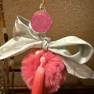 Pink Fluffy Pom Pom Keychain with Tassel with Louis Vuitton authentic pink Charm